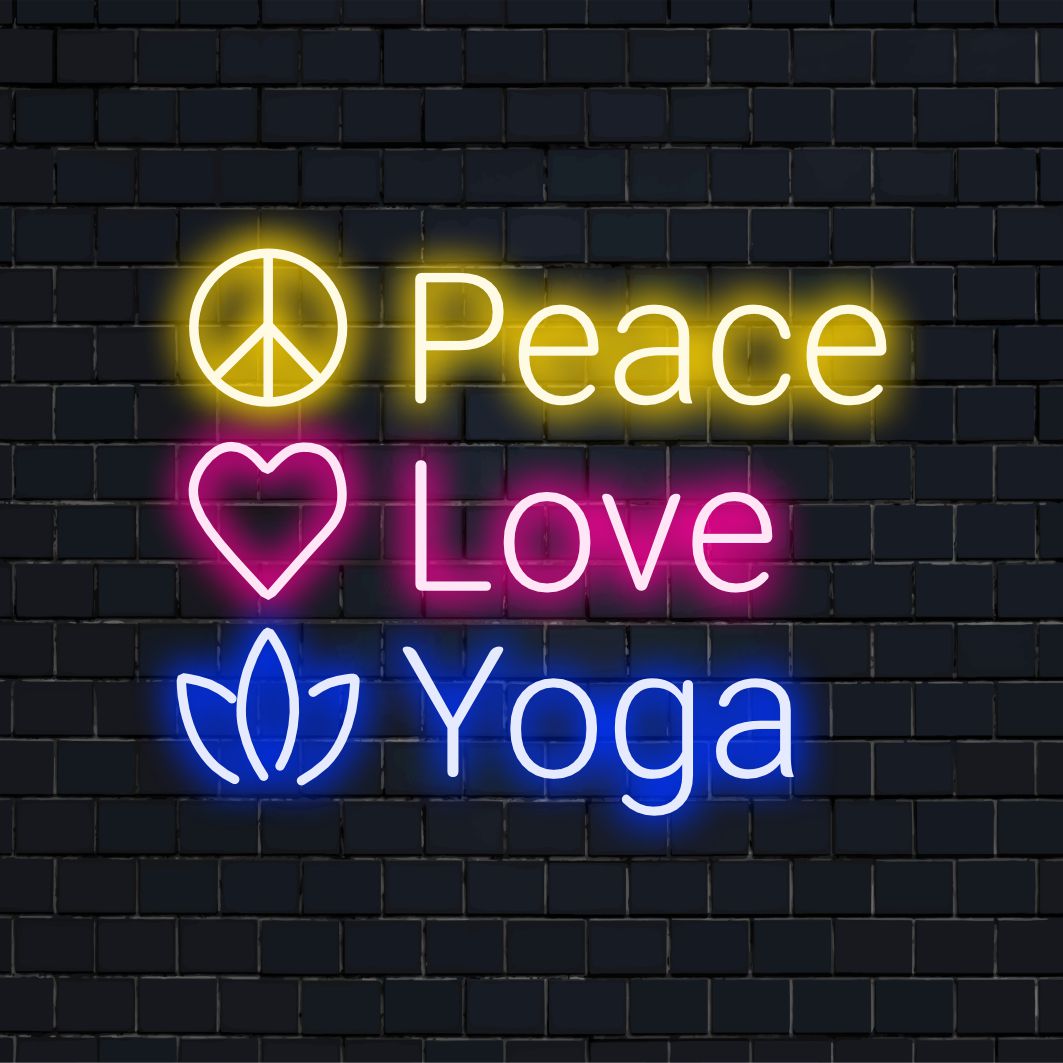 Lebendiges, individuelles LED-Neonschild mit der Aufschrift „Peace, Love, Yoga“ in strahlendem Glanz; perfekt für Ihren Zen-Raum.