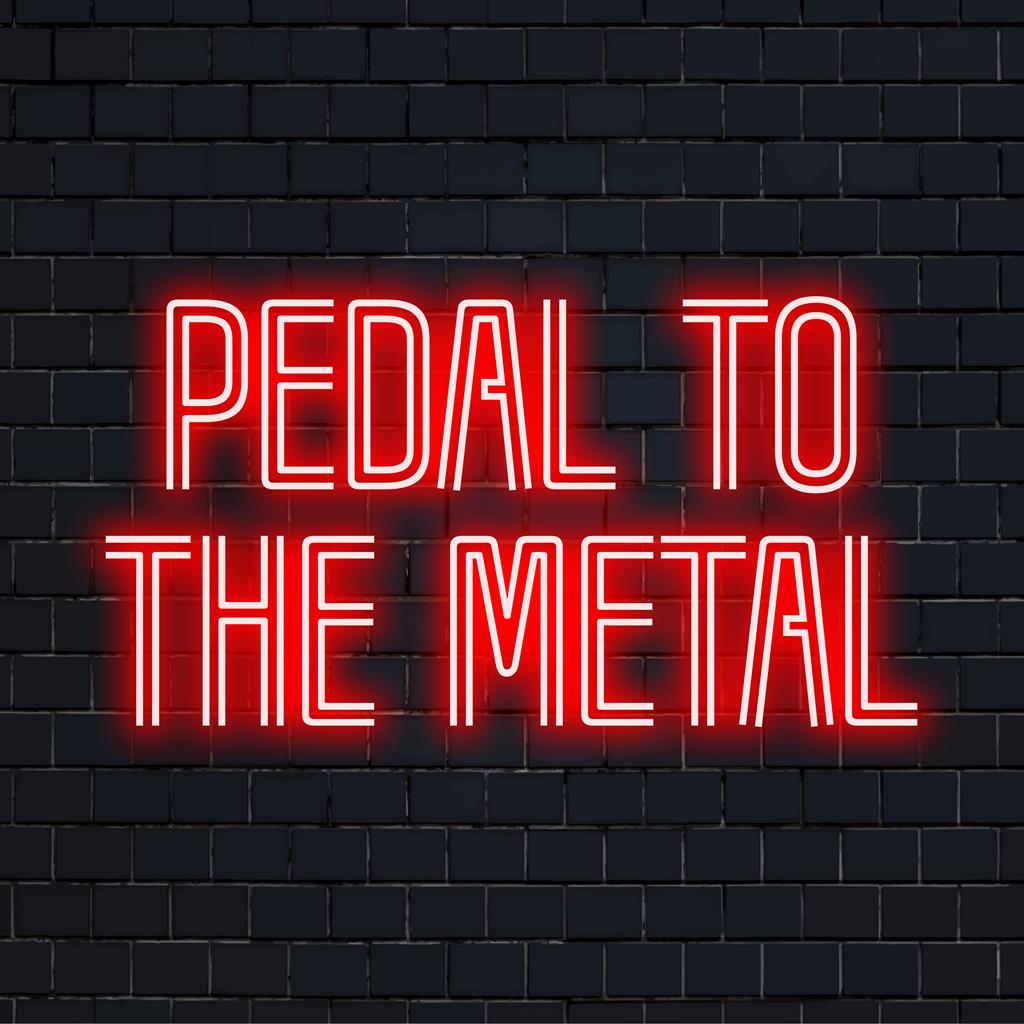 Lebendiges, individuell angefertigtes LED-Neonschild mit dem Titel „Pedal To The Metal“; perfekt für eine lebendige Dekoration, die Kunst und Beleuchtung kombiniert.