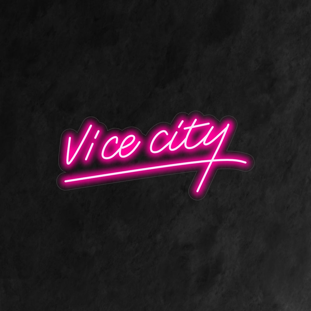 „Pink Vice City Neon Sign“ ist eine nostalgische Retro-Ergänzung für Ihr Interieur. Ein Neonlicht, das der ikonischen Ästhetik von Vice City huldigt.