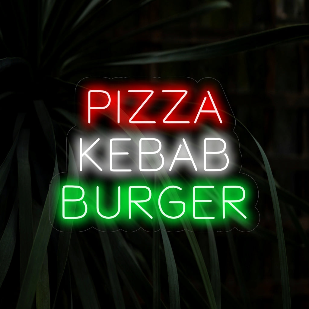 „Pizza Kebab Burger Neon Sign“ ist eine köstliche und vielseitige Ergänzung, perfekt für Räume, in denen eine Vielzahl köstlicher Optionen präsentiert wird. Erleuchten Sie mit dem Duft einer abwechslungsreichen Speisekarte!