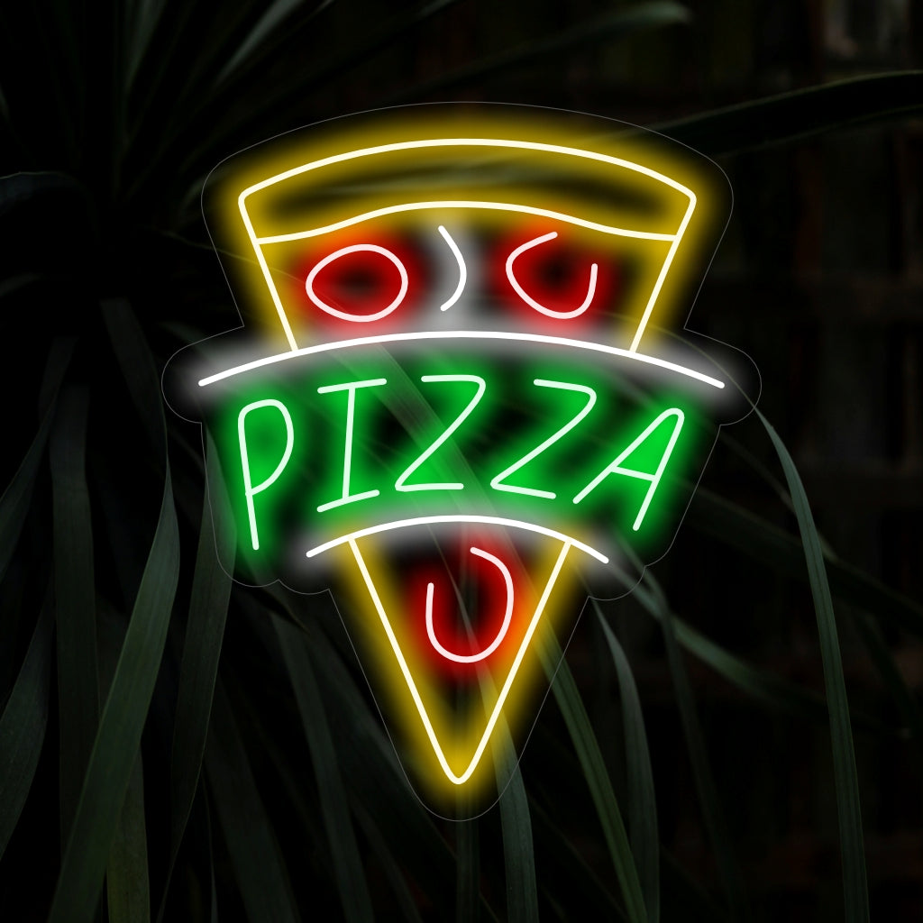 „Pizza Neon Sign“ ist eine köstliche und ikonische Ergänzung, perfekt für Räume, in denen die Köstlichkeit einer Pizza genossen wird. Erleuchten Sie mit der zeitlosen Anziehungskraft eines Pizzastücks!