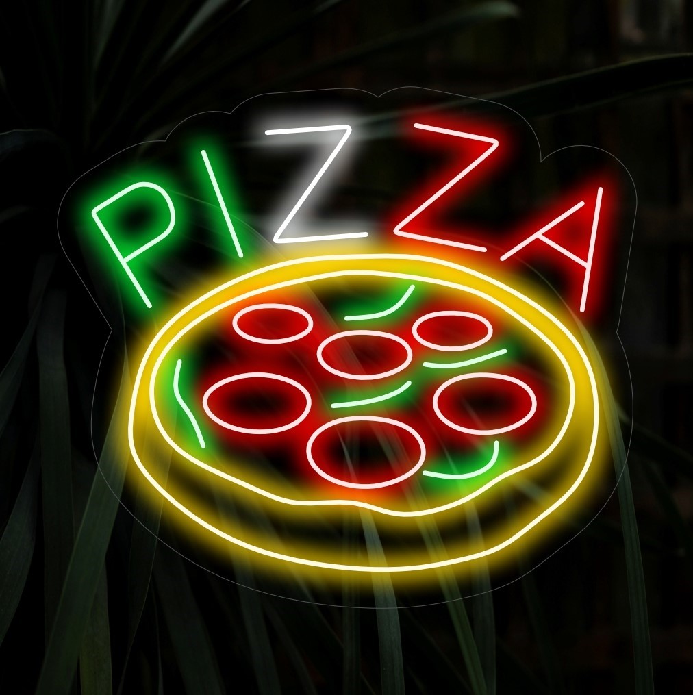 „Pizza Neon Sign“ ist eine köstliche und ikonische Ergänzung, ideal für Pizzerien und Pizzaliebhaber gleichermaßen. Erleuchten Sie mit dem köstlichen Reiz einer frisch gebackenen Pizza!