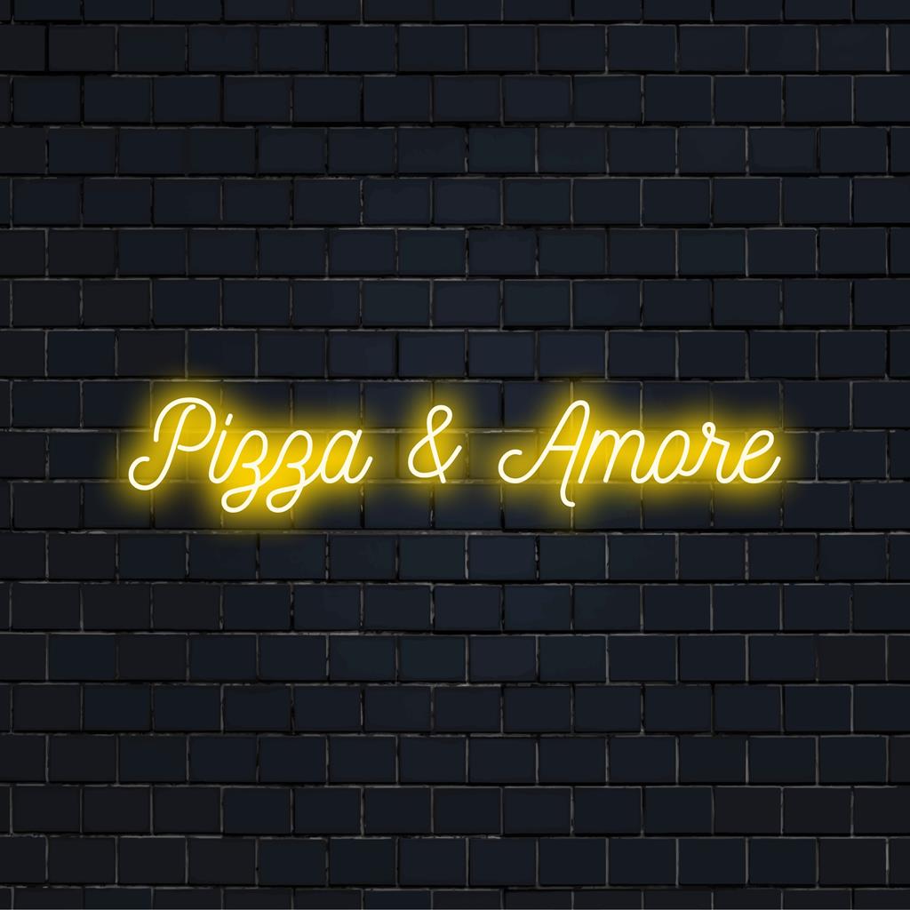 Lebendiges „Pizza & Amore“-Neonschild, das Essens- und Liebesstimmung vereint; ideal für eine gemütliche Atmosphäre oder als Restaurantdekor.