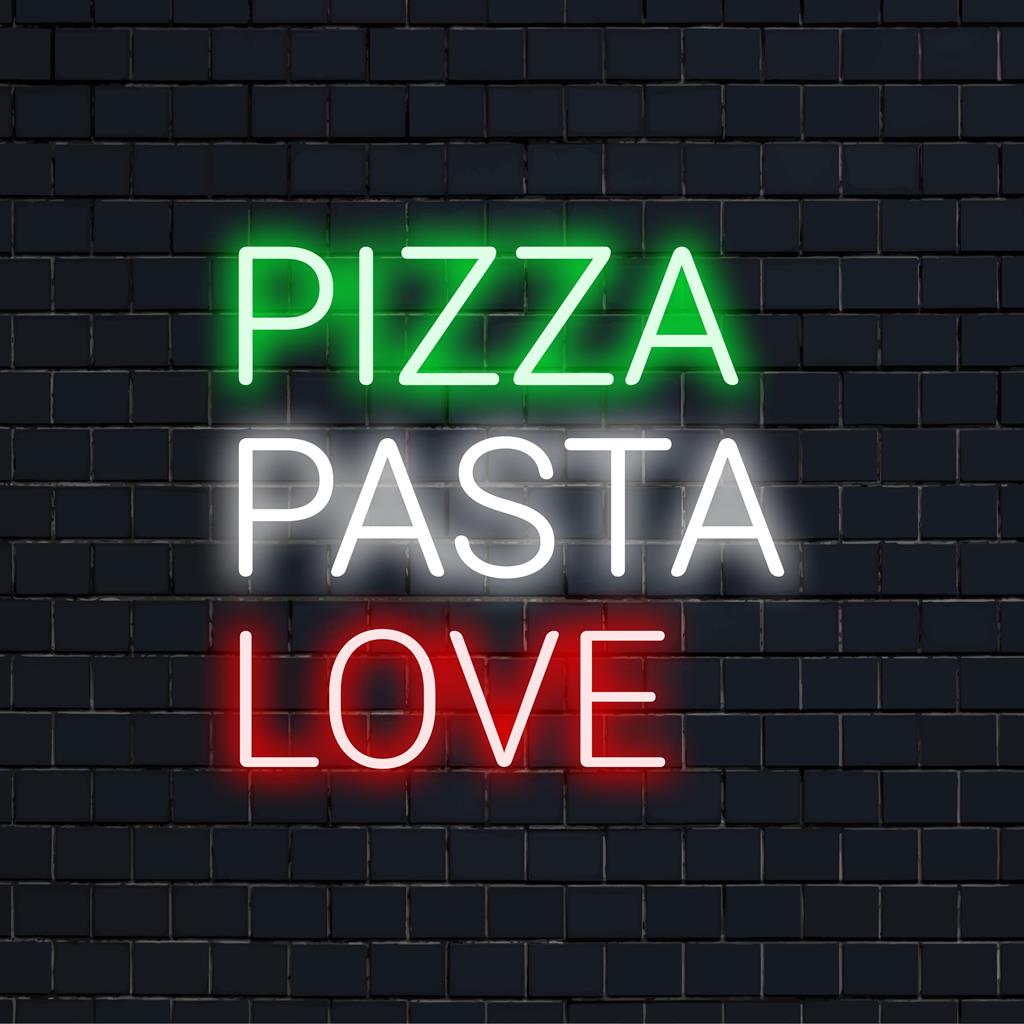 Maßgefertigtes LED-Neonschild mit der Aufschrift „Pizza Pasta Love“ in lebendigem, farbenfrohem Glanz; perfekt als einzigartige Neon-Wandkunst.