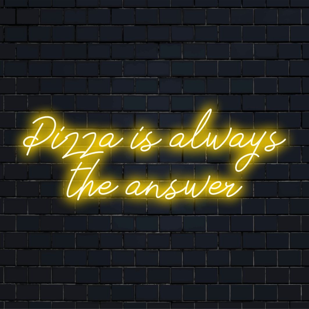 Individuelles LED-Neonschild mit der Aufschrift „Pizza Is Always The Answer“ leuchtet leuchtend, perfekt für eine fröhliche, ausgefallene Wanddekoration.