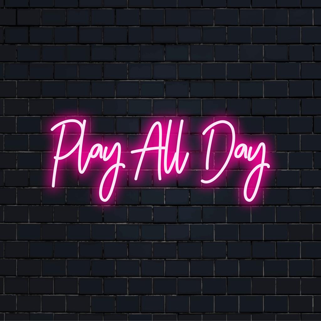 Maßgefertigtes LED-Neonschild mit verspieltem Text „Play All Day“, perfekte Neonlichtdekoration für lebendige und ansprechende Räume.