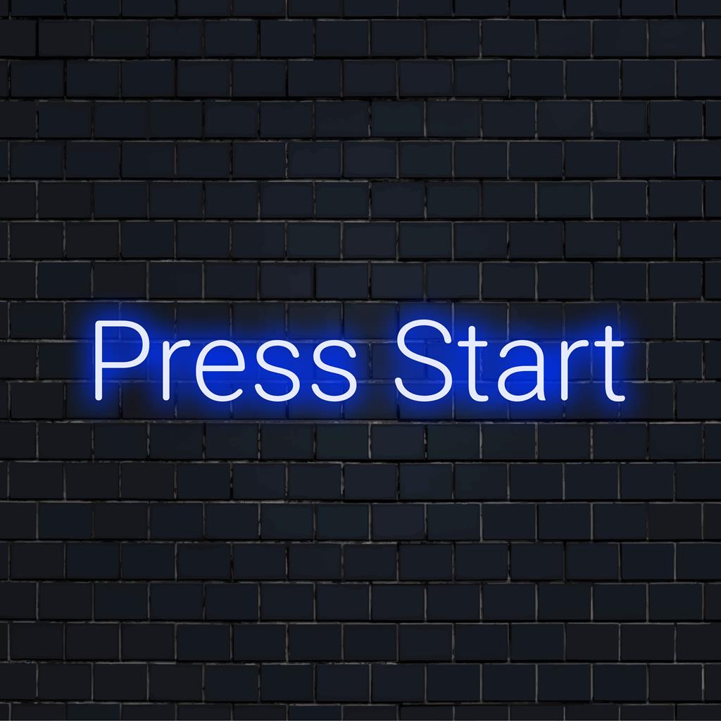 Leuchtendes, individuell angefertigtes LED-Neonschild mit dem Satz „Press Start“; perfekt, um jedem Raum eine Retro-Gaming-Atmosphäre zu verleihen.