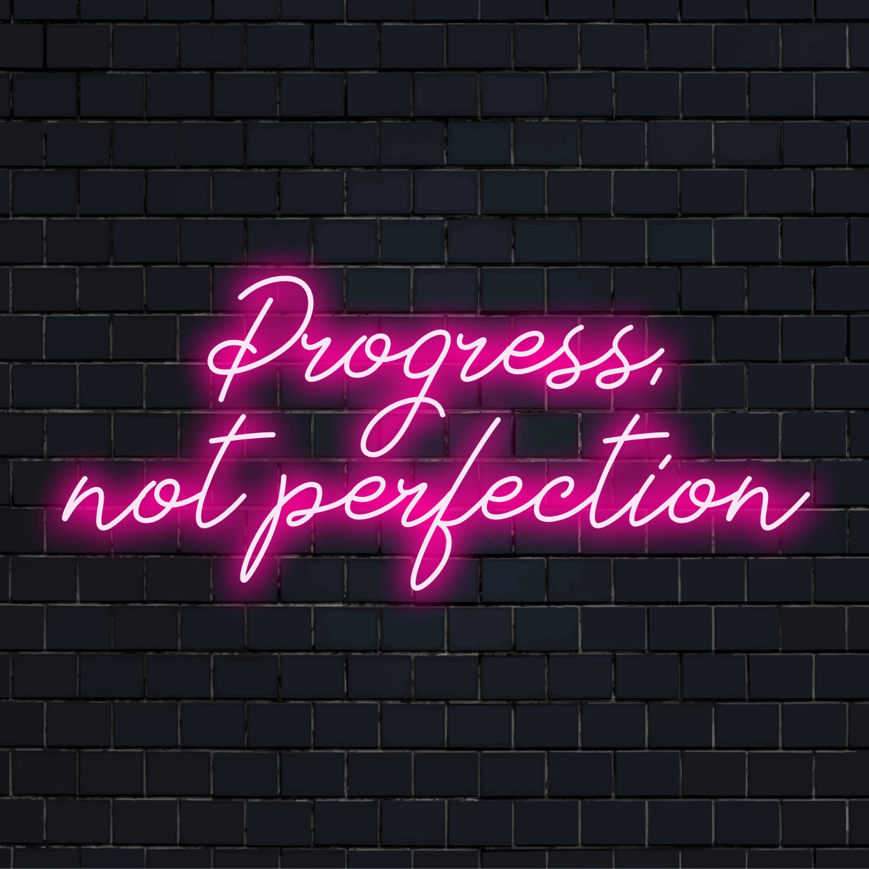 Handgefertigtes LED-Neonschild mit „Progress, Not Perfection“ in leuchtenden Farbtönen – ein inspirierendes, individuelles Lichtdekorstück.