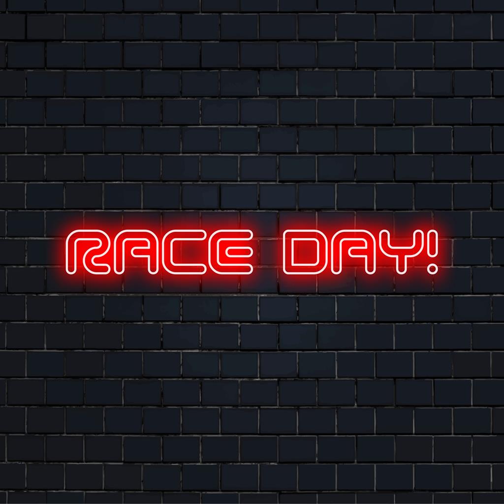 LED-Neonschild mit der Aufschrift „Race Day!“ in leuchtenden Farben, perfekte personalisierte Dekoration für Motorsport-Enthusiasten und -Events.