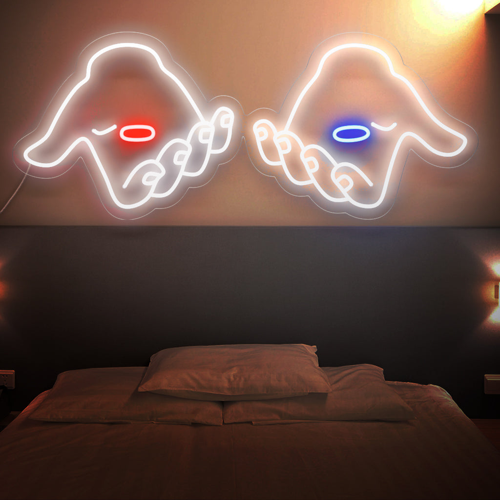 „Red & Blue Pills Neon Sign“ ist eine fesselnde Ergänzung, die Wahl und Entscheidungsfindung symbolisiert. Erleuchten Sie mit dem Kontrast der Pillen in der Hand!