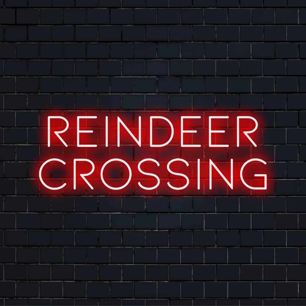 Ein leuchtendes Neonschild mit festlichem Glanz „Reindeer Crossing“, perfekt für die Feiertagsdekoration mit einem modernen LED-Touch.