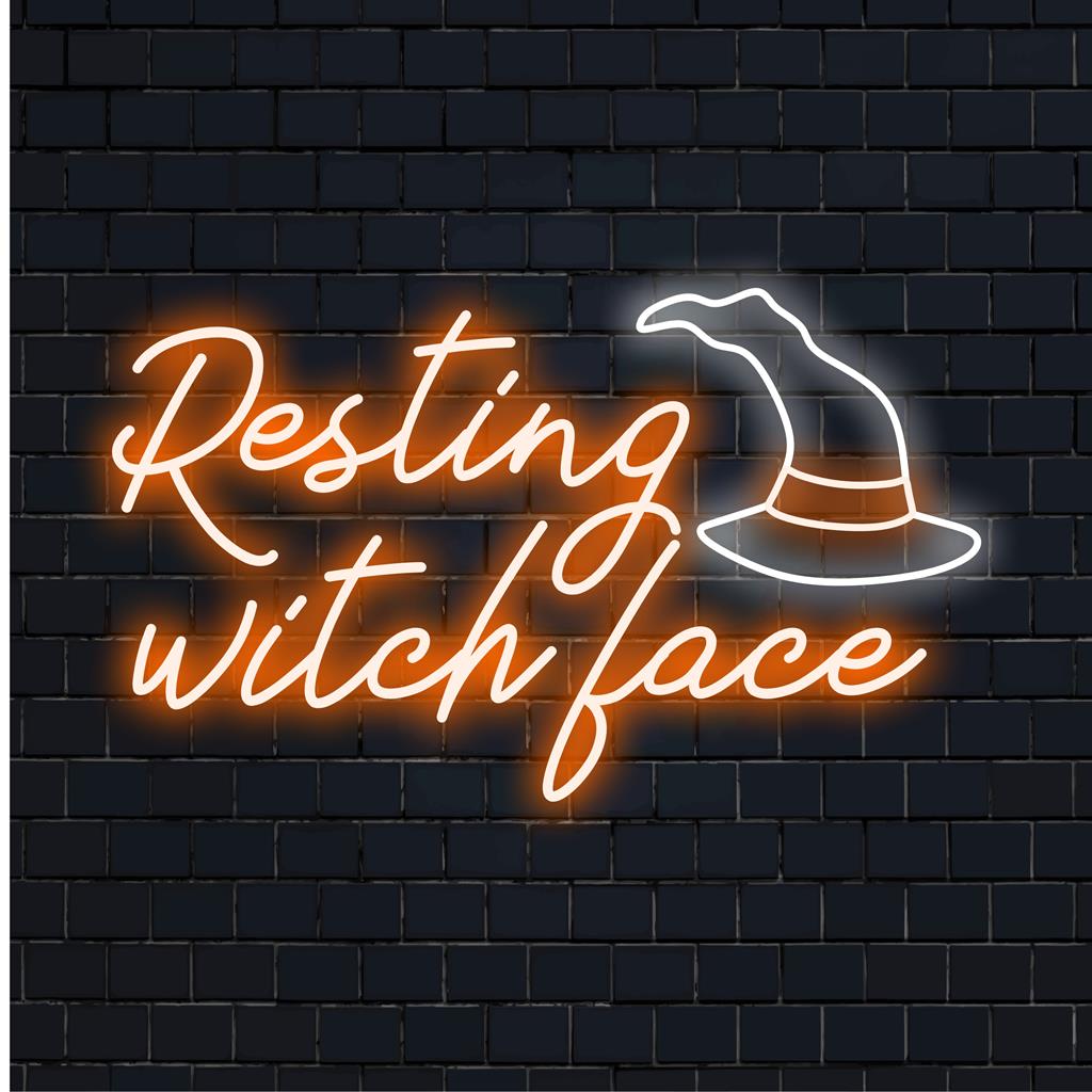 Benutzerdefiniertes LED-Neonschild „Resting Witch Face“; lebendige Neontextkunst, perfekt für gruselige Neonlichtdekoration. Neonschild, maßgeschneidert für Ihren Raum.