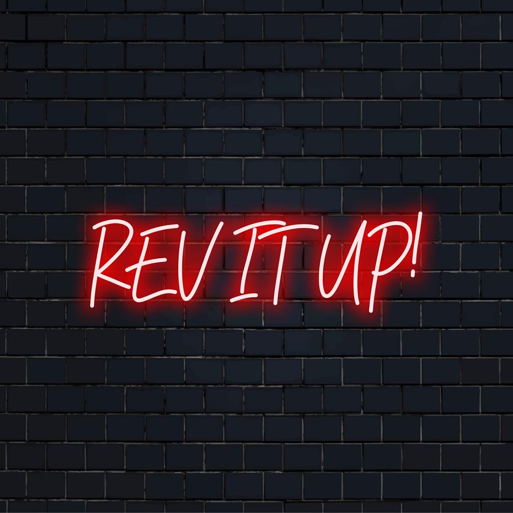 Lebendiges Rev It Up! Individuelles LED-Neonschild; perfektes Neon-Dekorstück, das jeder Umgebung einzigartigen Stil und lebendige Energie verleiht.