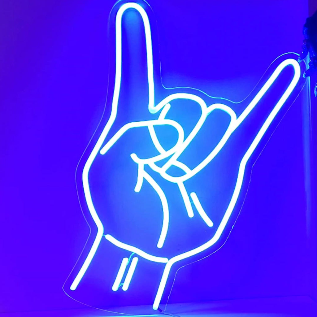 „Rock Hand Neon Sign“ fängt mit seiner ikonischen Geste den rebellischen Geist ein und erfüllt Ihren Raum mit kantigen und stilvollen musikalischen Vibes.“