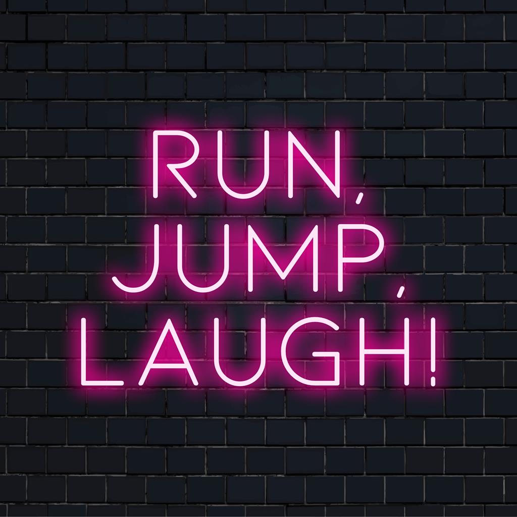 Lebendiges, individuelles LED-Neonschild mit dem Titel „Run, Jump, Laugh!“ mit verspielter Typografie für eine lebendige Wanddekoration.