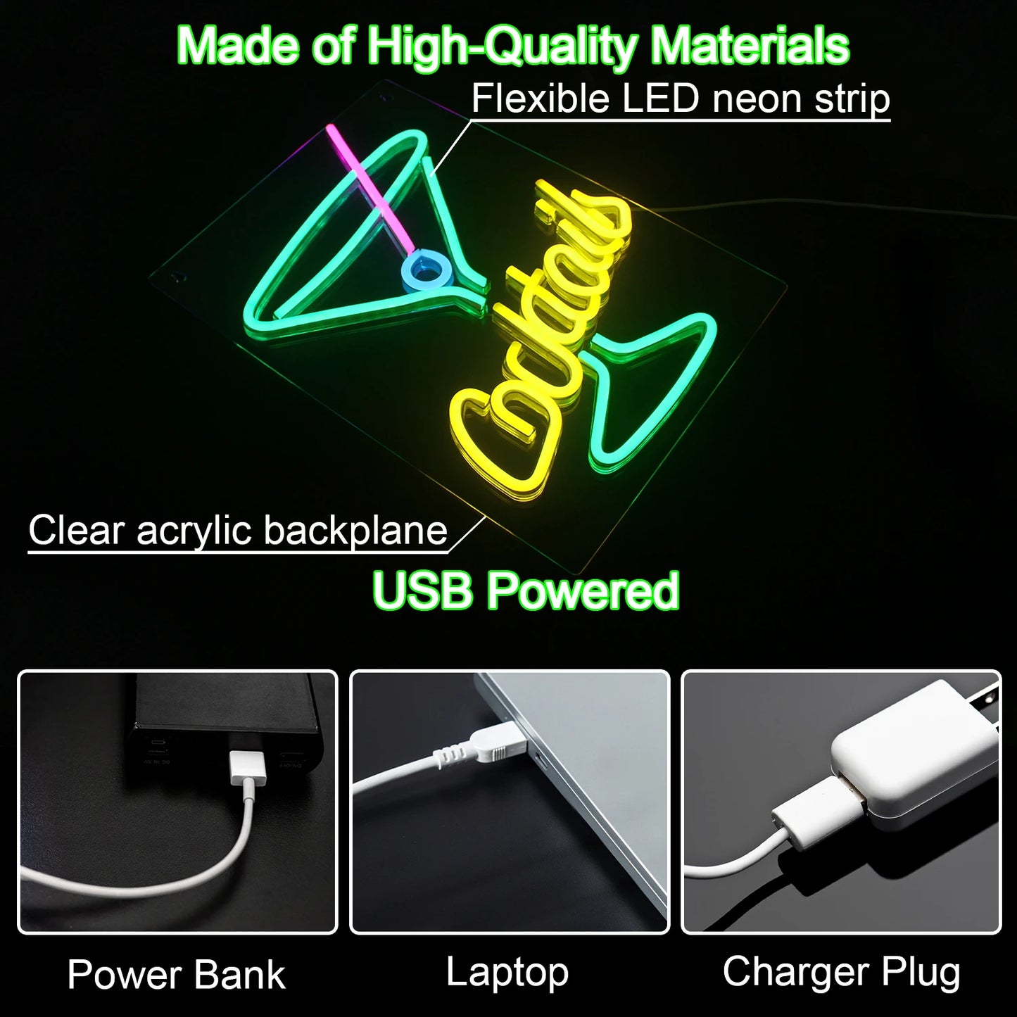 Grüne Cocktails 5V USB LED Neonschild - Preiswert