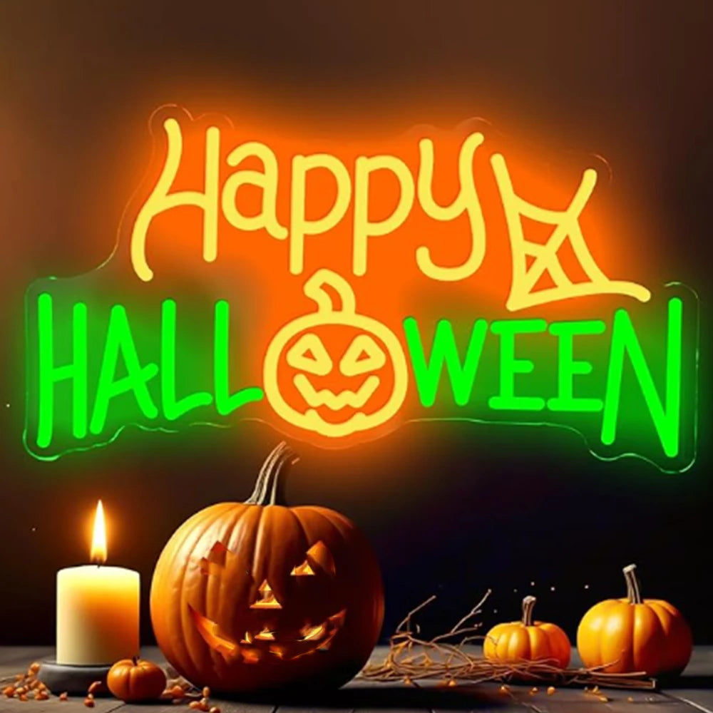 Das Bild zeigt ein leuchtendes LED-Neonschild mit der Aufschrift „Happy Halloween“.