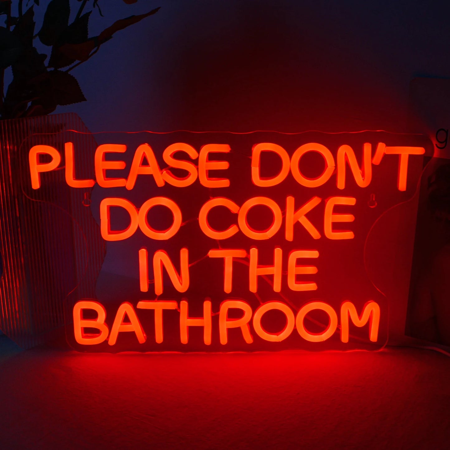 Das Bild zeigt ein handgefertigtes LED-Neonschild mit dem Text „Please Don't Do Coke in the Bathroom“ in leuchtenden Farben.
