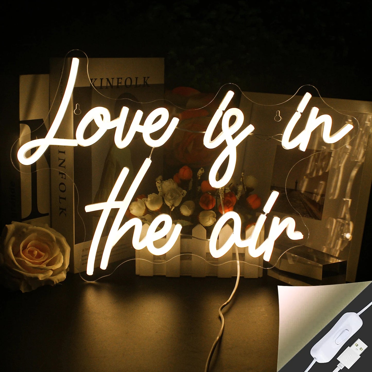 Das Bild zeigt ein lebendiges und stilvolles LED-Neonschild mit der Aufschrift „Love is in the Air“ in eleganter Schreibschrift.