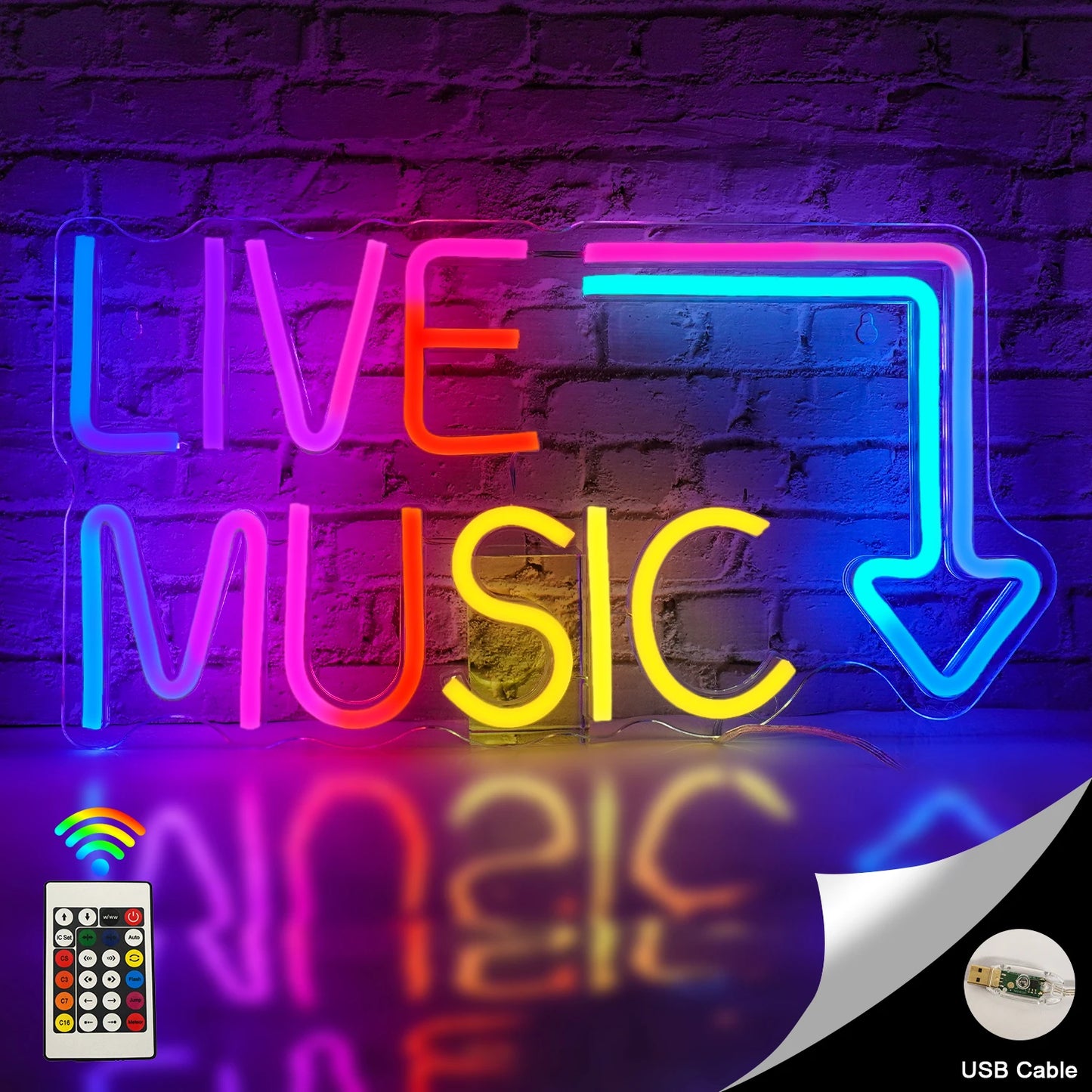 Ein leuchtendes LED-Neonschild mit dem Satz „Live Music“ in einer kräftigen, künstlerischen Schriftart.