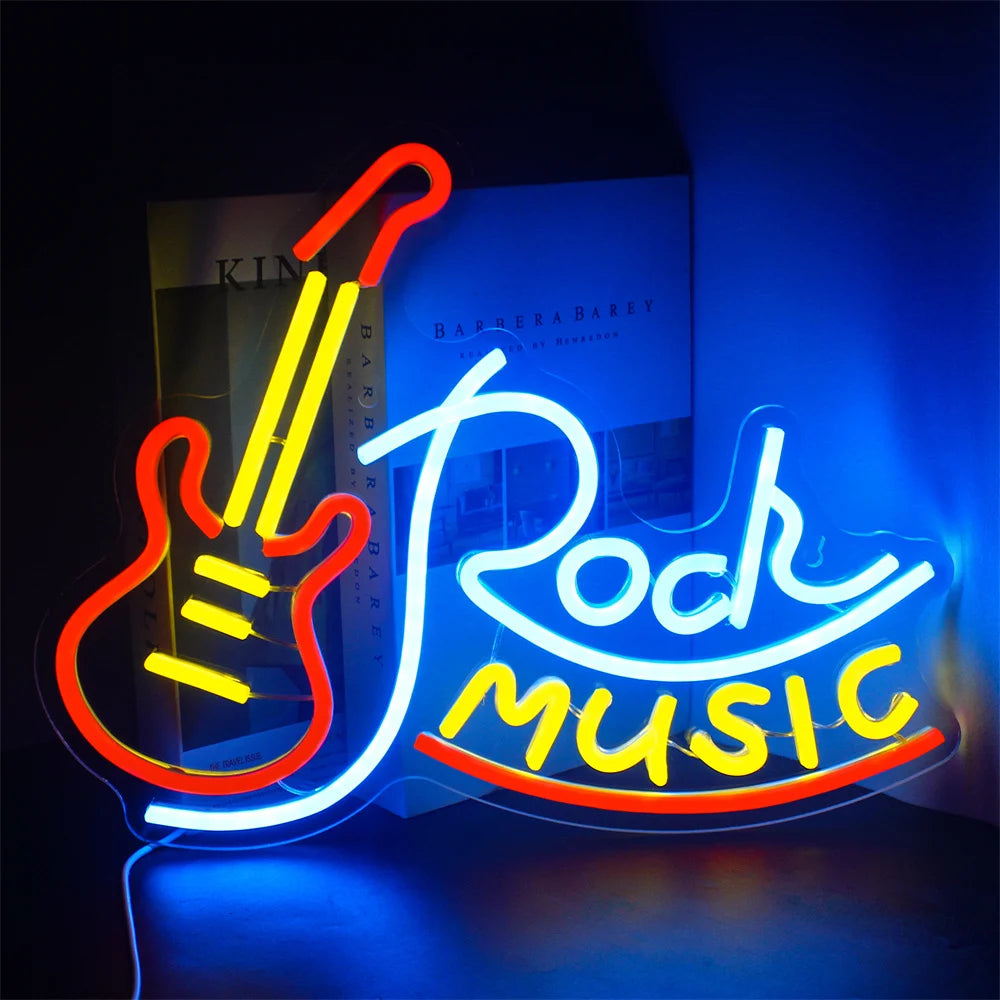 Ein lebendiges und elektrisierendes LED-Neonschild mit den Worten „Rock Music“ in fetten, stilisierten Buchstaben.