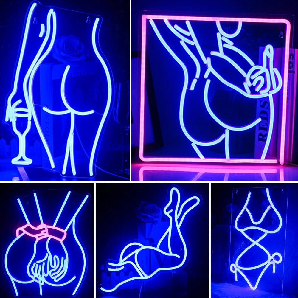 Das Bild zeigt ein leuchtendes LED-Neonschild, das die Silhouette einer glamourösen Dame in einer verführerischen Pose darstellt.
