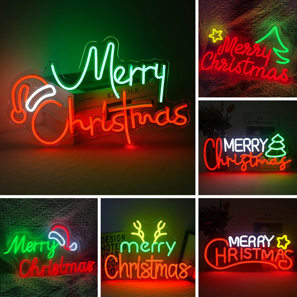 Ein leuchtendes LED-Neonschild mit den Worten „Frohe Weihnachten“ in einer eleganten und festlichen Schreibschrift.