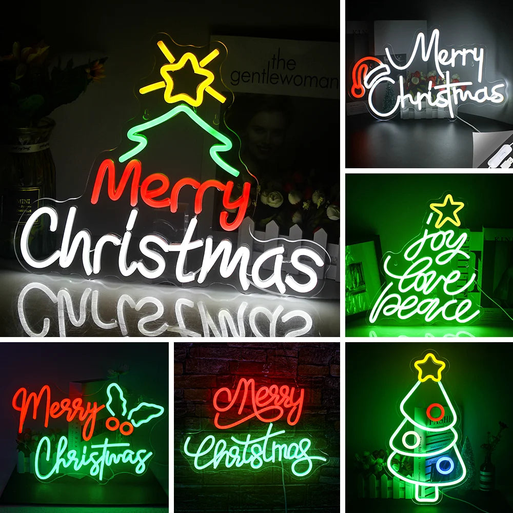 Das Bild zeigt ein leuchtendes LED-Neonschild mit der Aufschrift „Frohe Weihnachten“, das einen warmen und festlichen Glanz ausstrahlt.