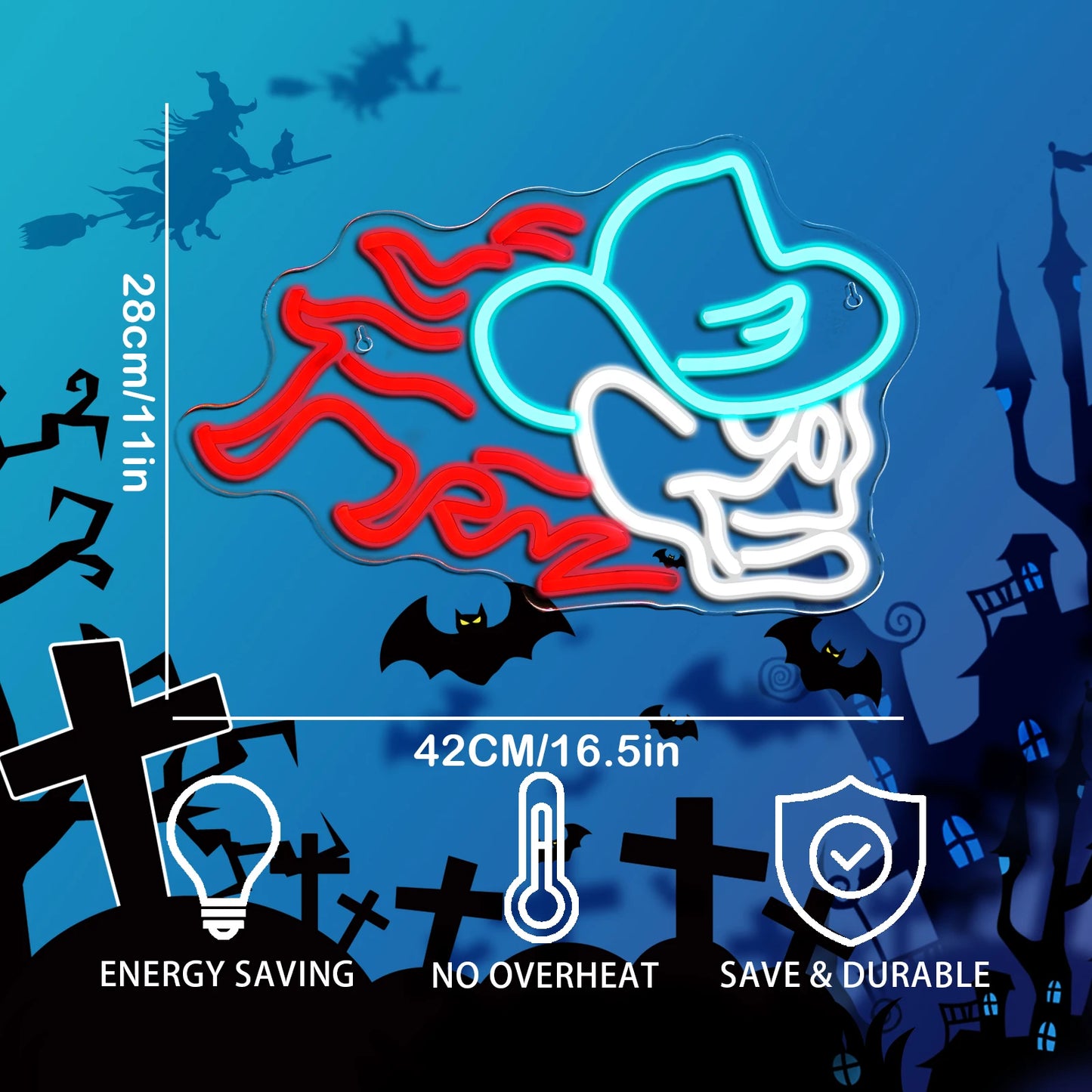 Cowboyhut Feuer Totenkopf 5V USB LED Neonschild - Preisgünstig