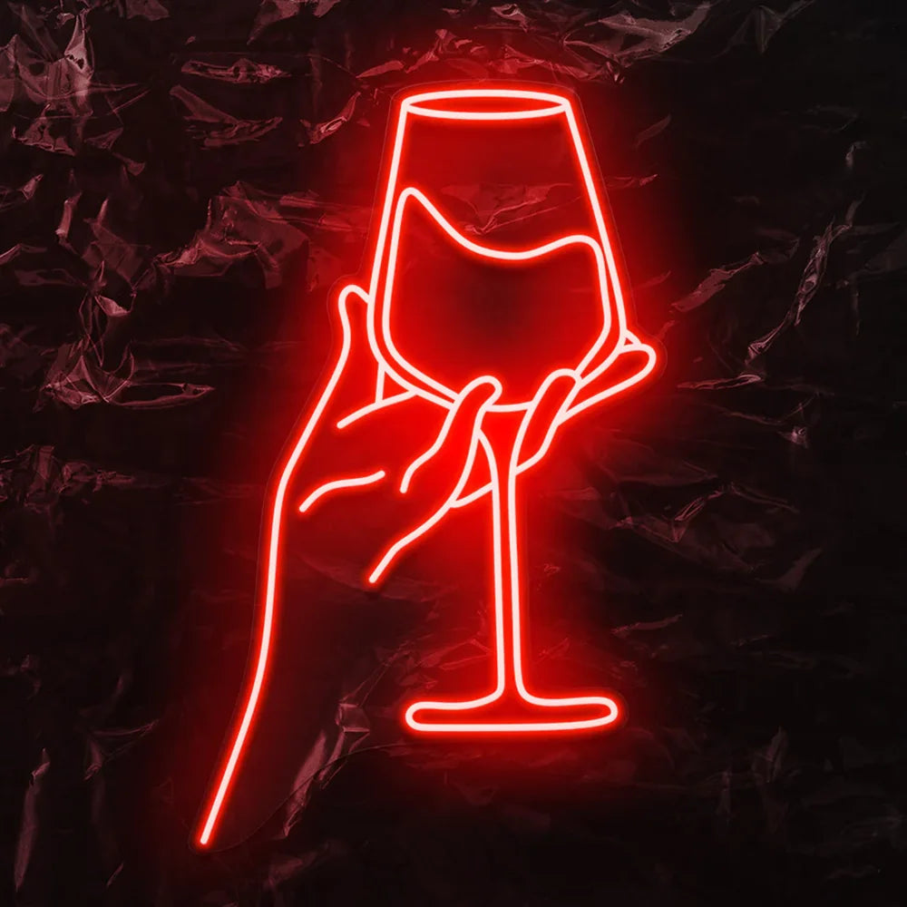 Das Bild zeigt ein leuchtendes LED-Neonschild mit der Darstellung eines stilisierten Rotweinglases.