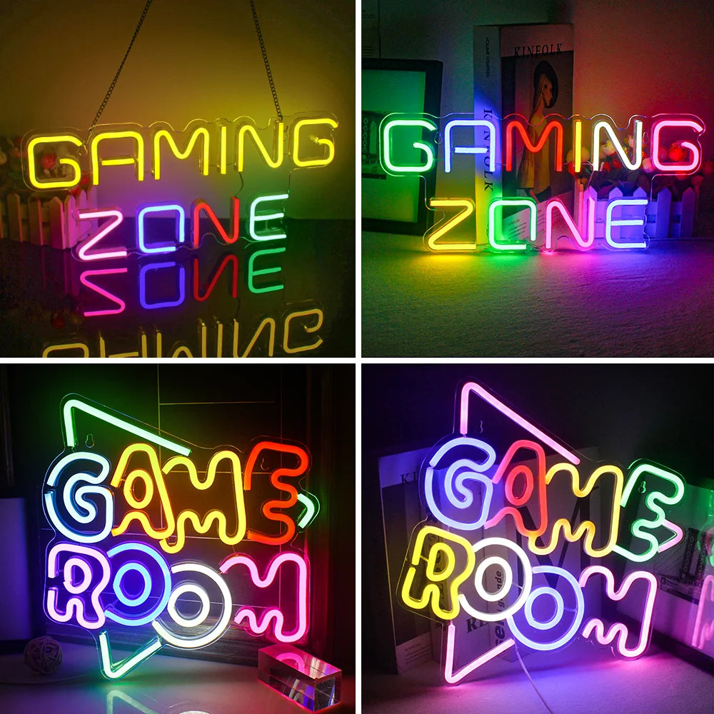 Vor einer dunklen Wand ist ein leuchtendes und auffälliges LED-Neonschild für Gamer zu sehen.