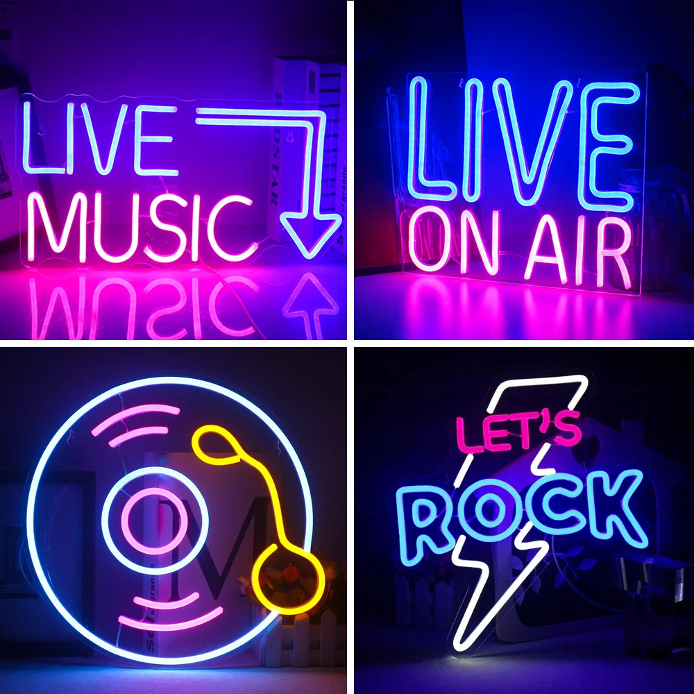 Das Bild zeigt ein leuchtendes LED-Neonschild mit der Aufschrift „Live Music“ in hellen, leuchtenden Buchstaben.