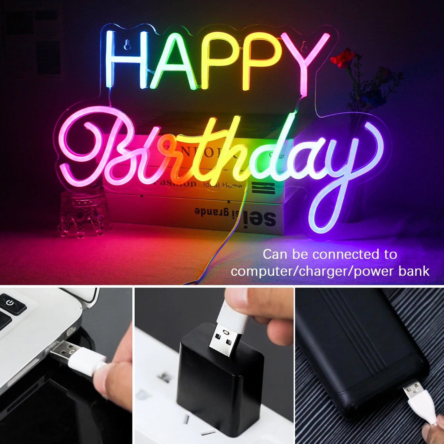 LED Happy Birthday Bunt 5V USB Neon Schild - Preisgünstig