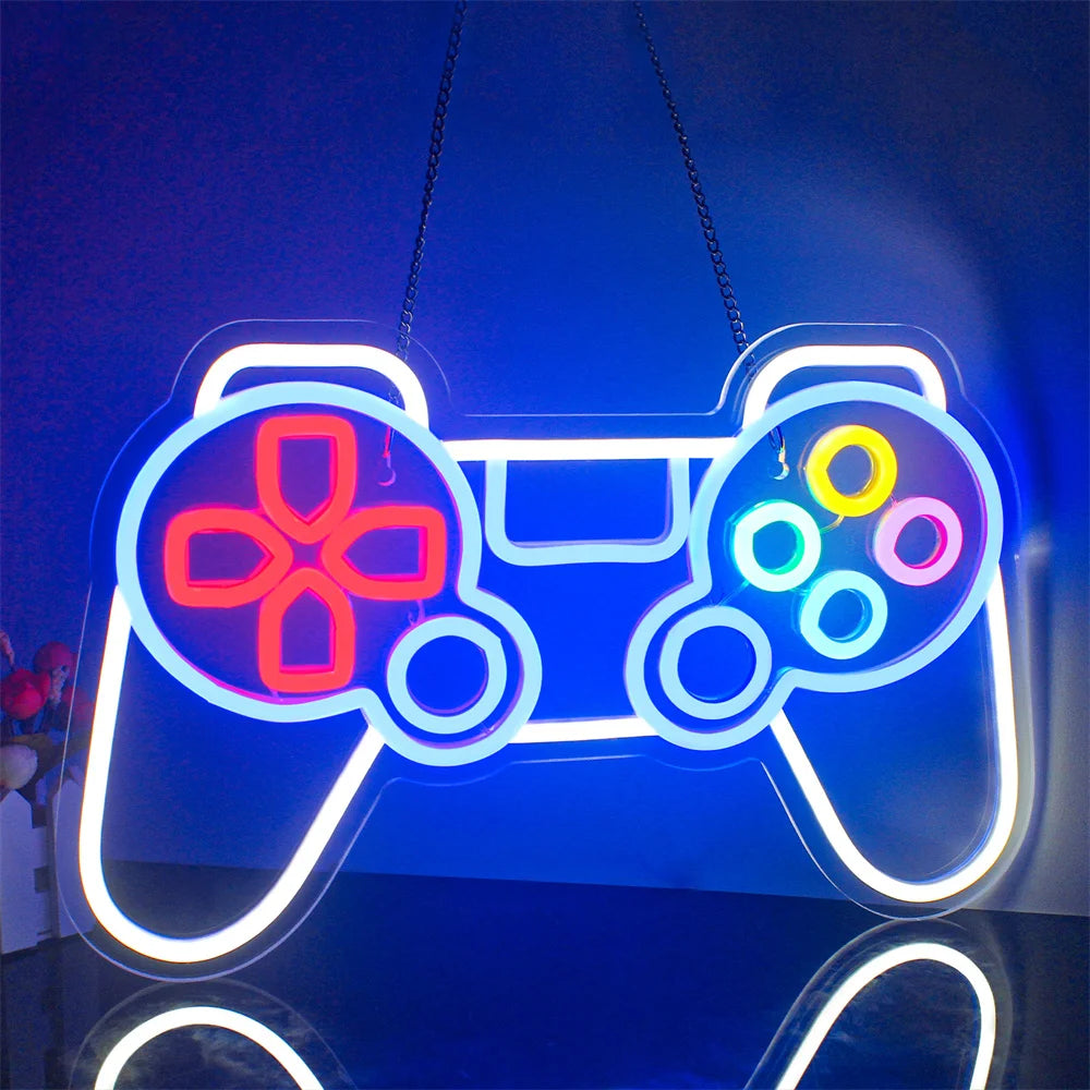 Ein leuchtendes LED-Neonschild mit dem Wort „Gamer“ in fetten Großbuchstaben.