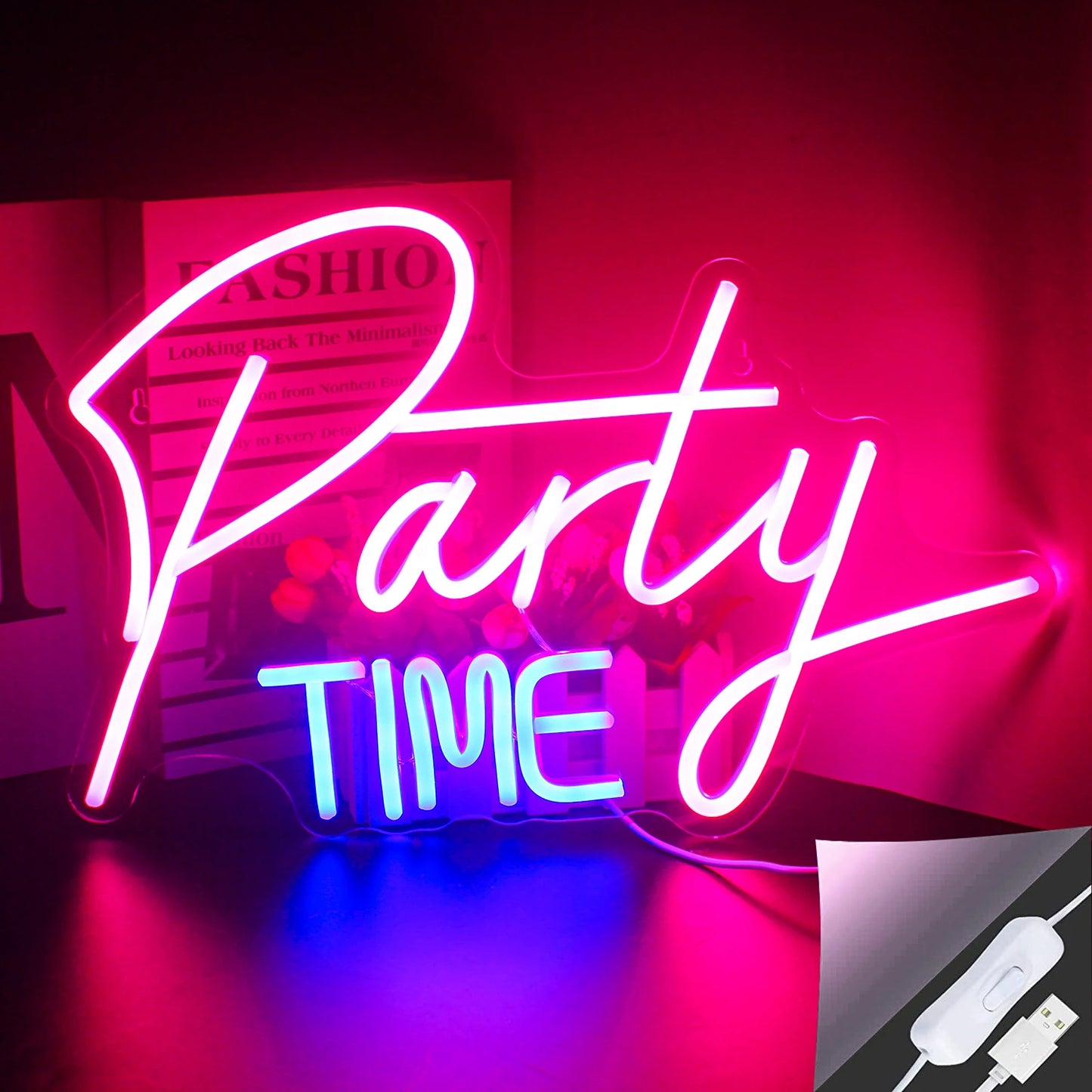 Das Bild zeigt ein leuchtendes LED-Neonschild mit der Aufschrift „Party Time“ in einer verspielten, kursiven Schriftart.