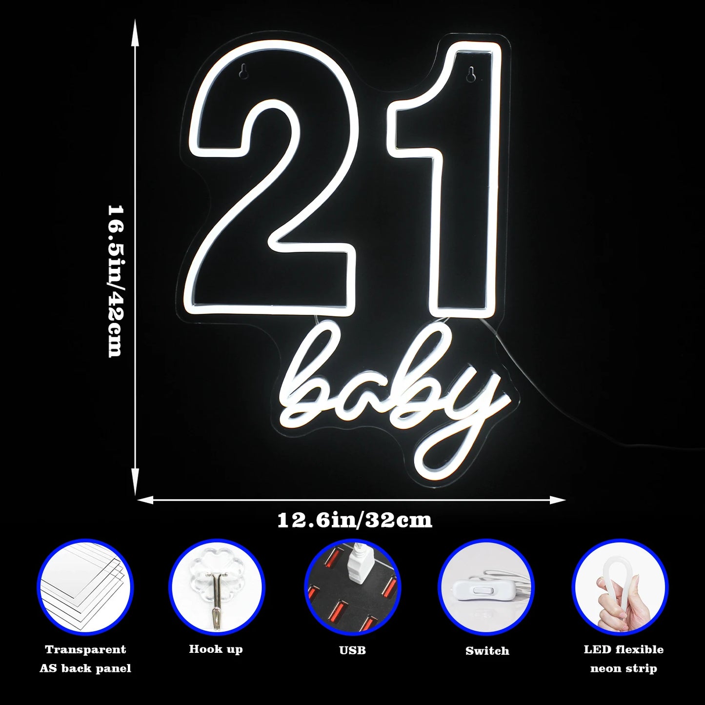 21 Baby Happy Birthday 5V USB LED Leuchtschild - Preisgünstig