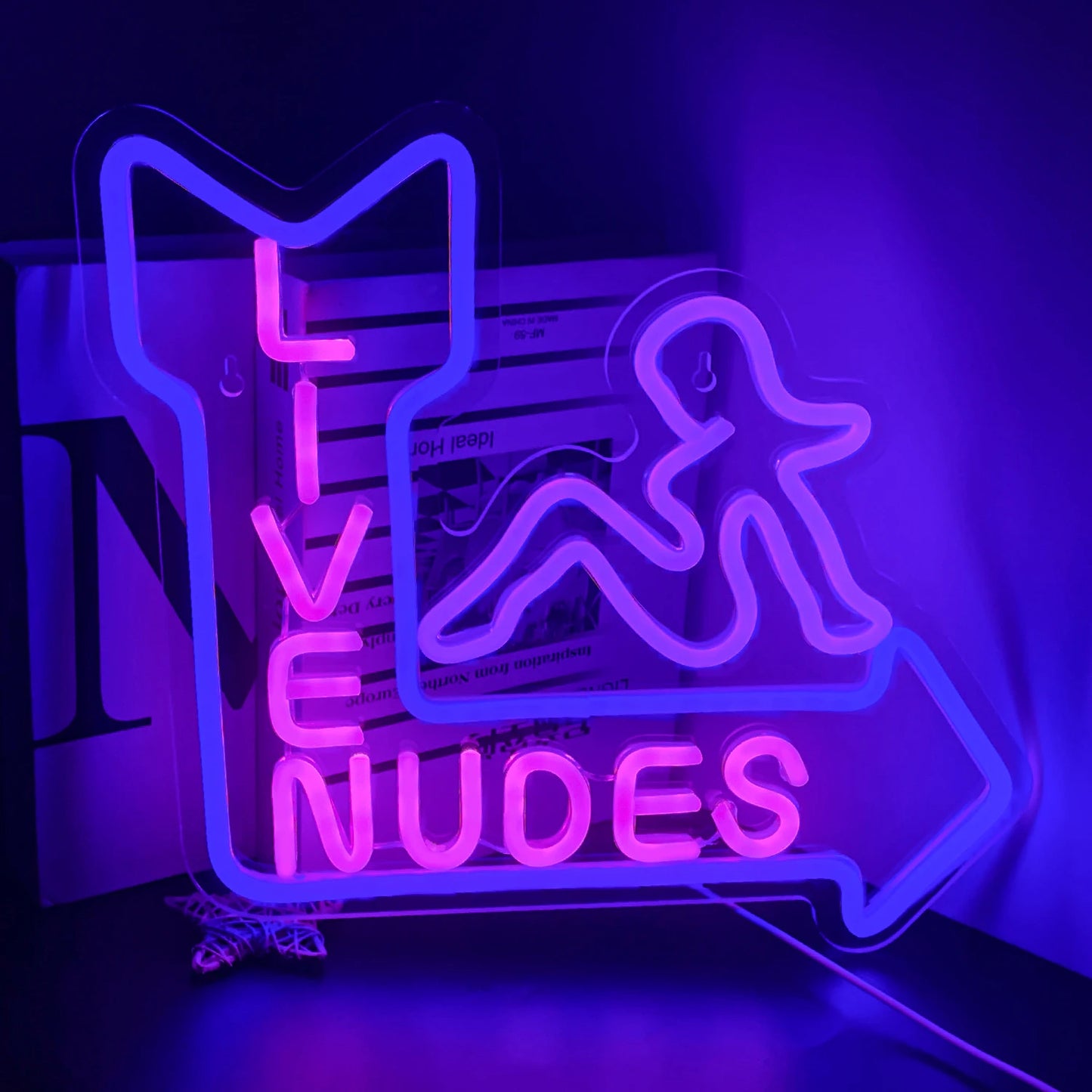 Das Bild zeigt ein leuchtendes LED-Neonschild mit den Worten „Live Nudes Girl“ in verspielter Schreibschrift.