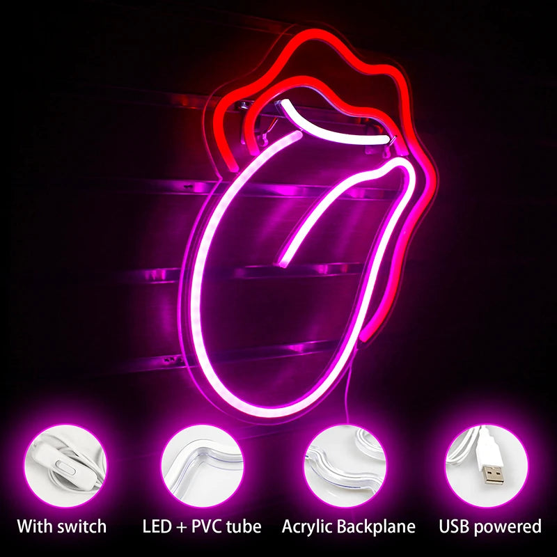Sexy Flamme Rote Lippen Große Zunge 5V Mini USB LED Neon Schild - Budgetfreundlich