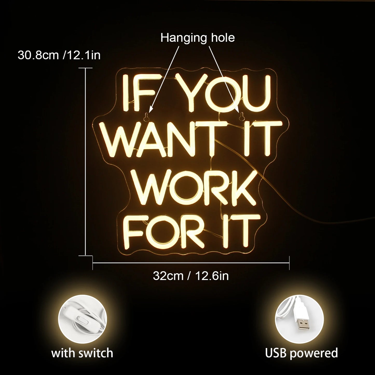 5V USB LED Leuchtschild 'If You Want It, Work For It' - Budgetfreundlich