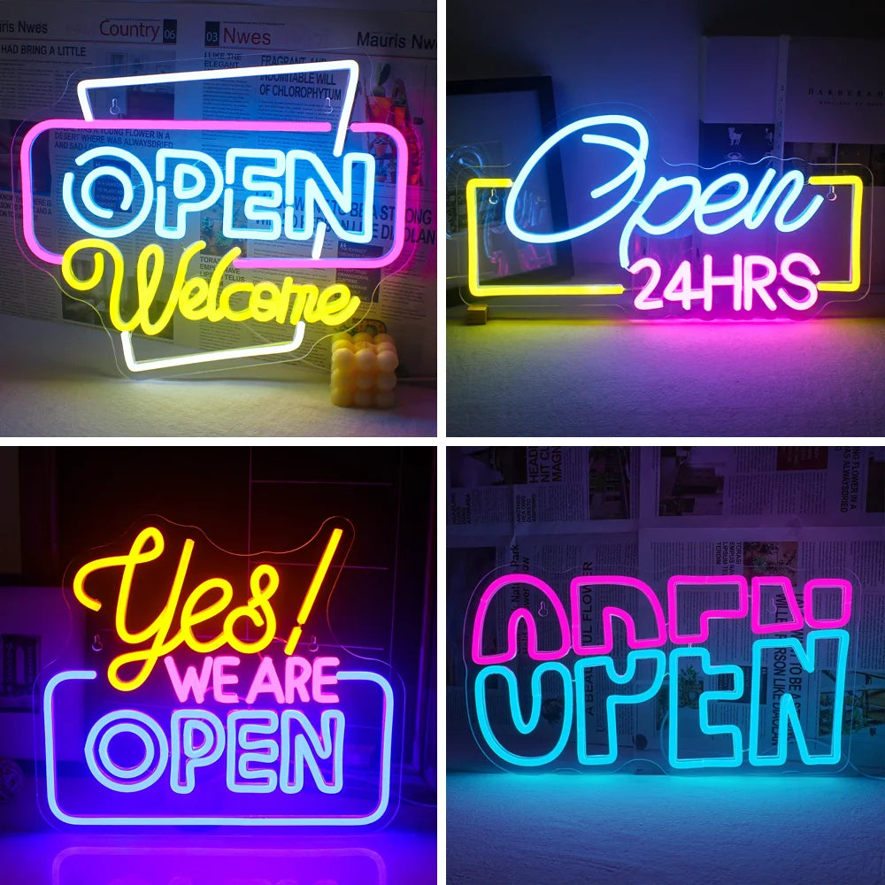 Ein lebendiges, handgefertigtes LED-Neonschild, auf dem das Wort „Willkommen“ in einer lebhaften Schreibschrift steht.