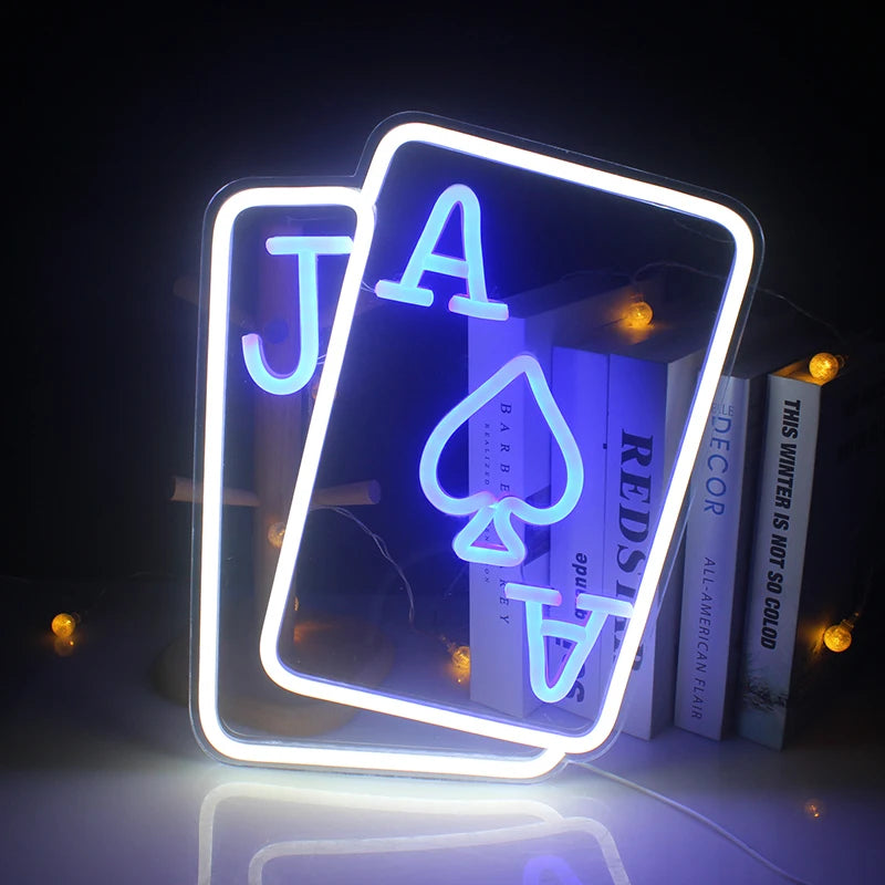 Das Bild zeigt ein lebendiges Poker-LED-Neonschild, das mit Präzision handgefertigt wurde.