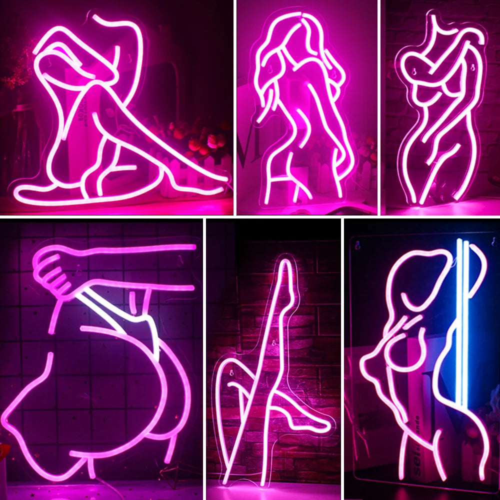 Auf dem Bild zeigt ein leuchtendes LED-Neonschild die Silhouette einer sexy Dame.