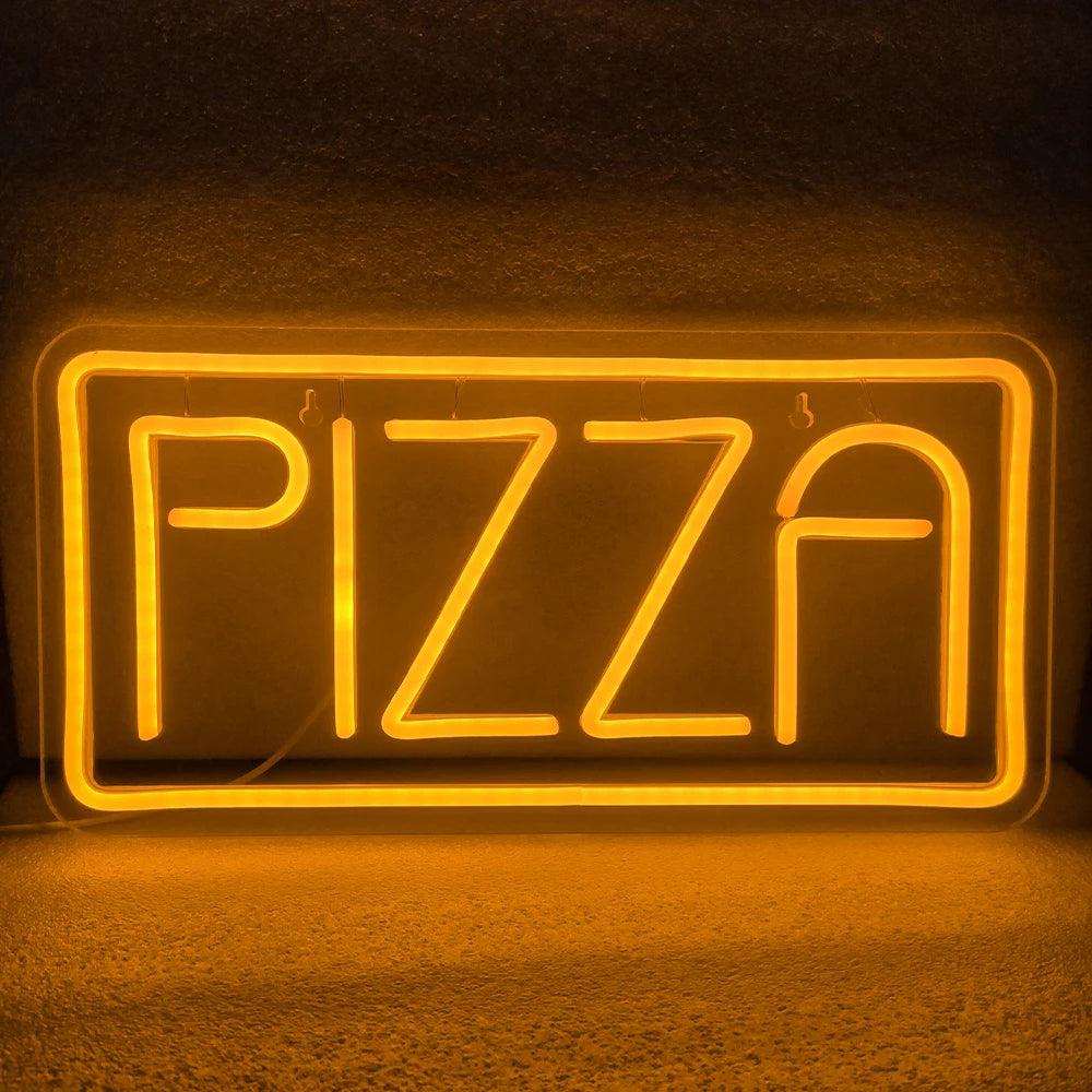 Ein leuchtendes LED-Neonschild mit dem Wort „PIZZA“ in fetten, leuchtend roten Buchstaben.