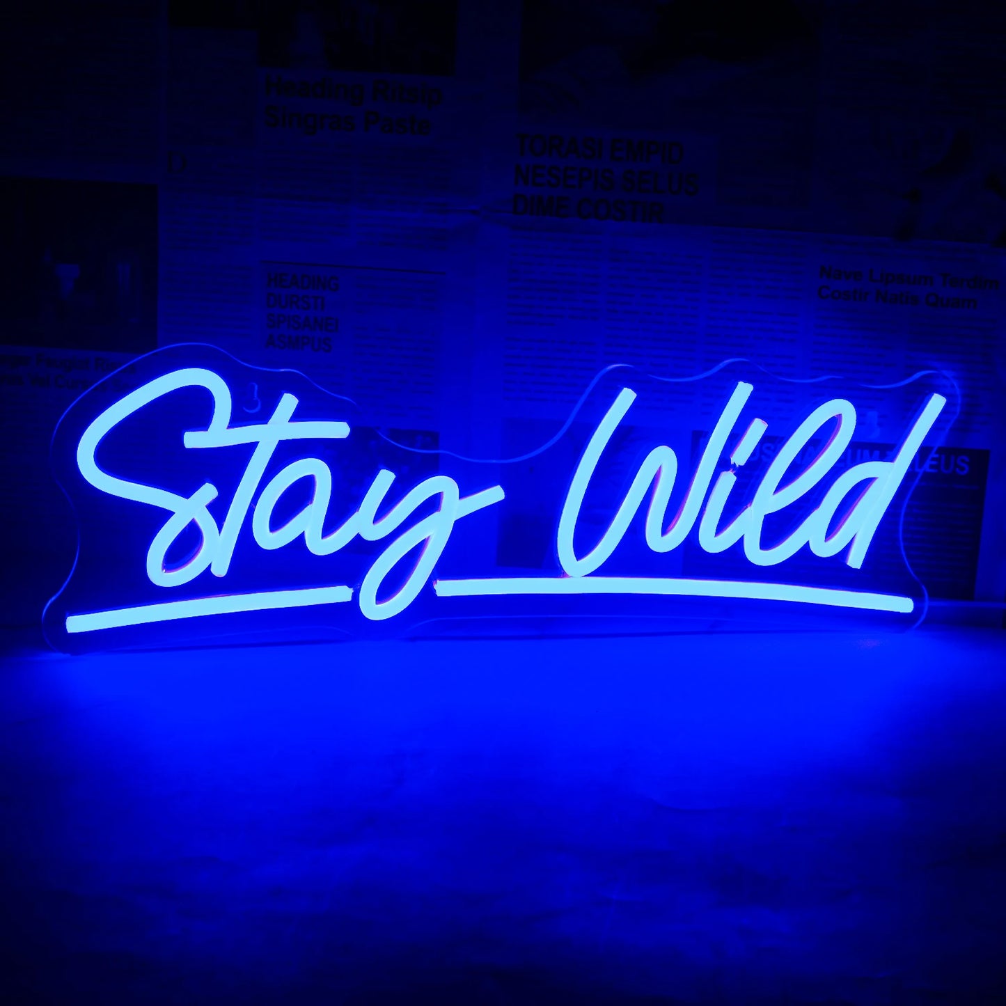 „Ein leuchtendes LED-Neonschild mit den Worten ‚Stay Wild‘ in einer stilvollen, kursiven Schriftart.