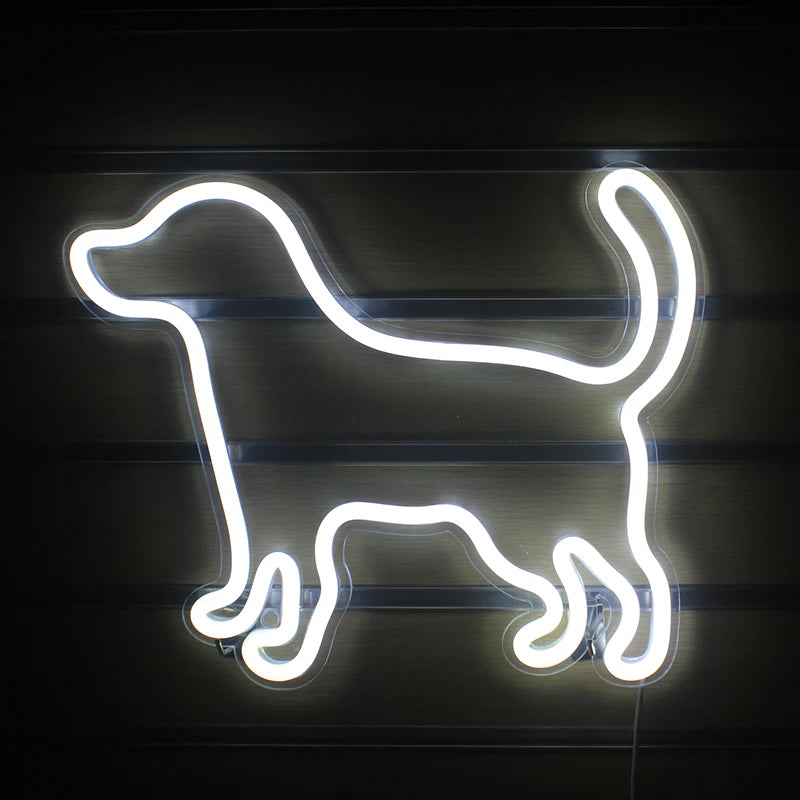 Ein leuchtendes LED-Neonschild in Form eines kleinen, verspielten Hundes.