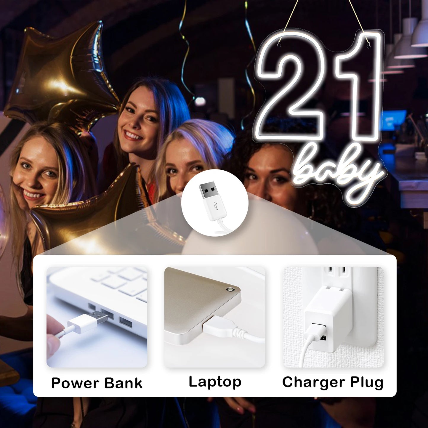 21 Baby Happy Birthday 5V USB LED Leuchtschild - Preisgünstig