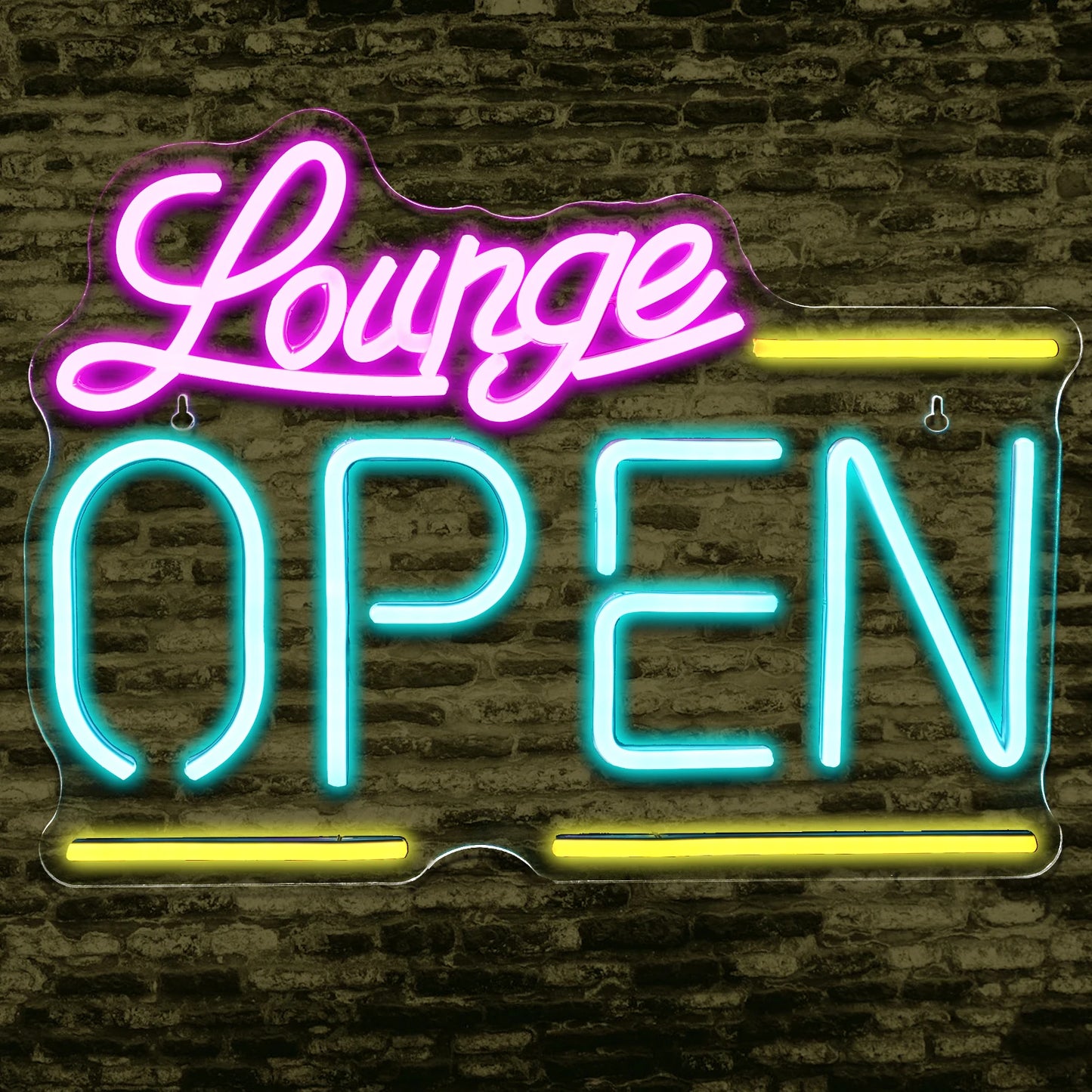Das Bild zeigt ein leuchtendes, handgefertigtes LED-Neonschild mit der Aufschrift „Lounge Open“.