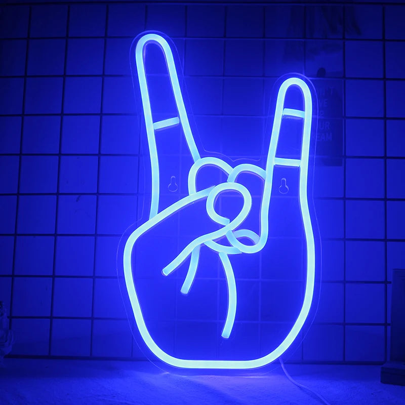 Bild mit einem leuchtenden LED-Neonschild in Form einer Friedensgeste.