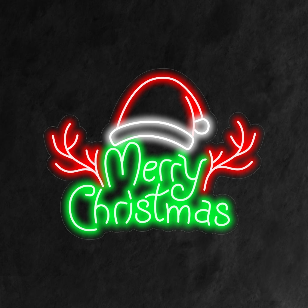 „Santa Hat Merry Christmas Neon Sign“ ist eine festliche und fröhliche Ergänzung für Ihr weihnachtliches Interieur. Ein Neonlicht, das mit einer Weihnachtsmannmütze Weihnachtsstimmung verbreitet.
