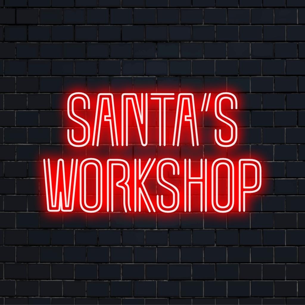 Leuchtendes LED-Dekor „Santa's Workshop“; lebendiges, individuell gestaltetes Neonlicht, perfekt für festliche Feiertage.